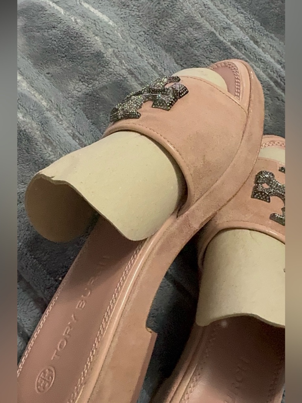 Tory Burch Blush Pink Suede Slide Sandals with Rhinestone Logo - Picture 3 of 5